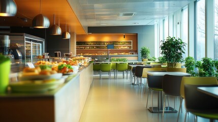 A hospital with a modern cafeteria featuring healthy food options and a comfortable seating area