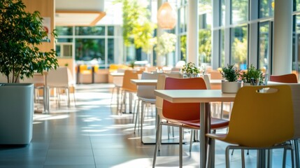 A hospital with a modern cafeteria featuring healthy food options and a comfortable seating area