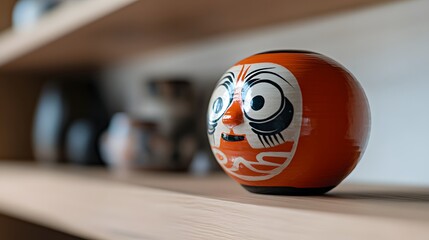 Charming Daruma Doll on Wooden Shelf Decor Asian Culture Japanese Tradition