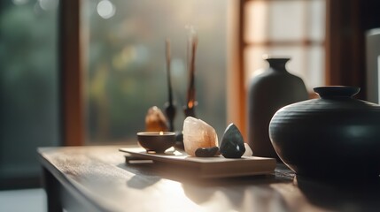Serene Still Life Crystals Candles and Pottery on Wooden Table near Window