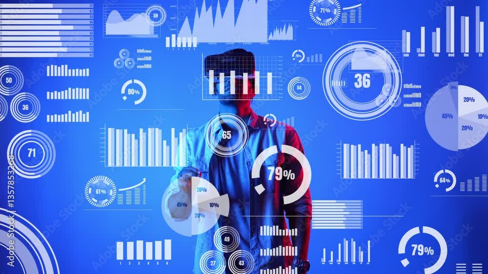 Aufkleber skilled business man wearing vr glasses and casual cloth while looking at financial chart. project m