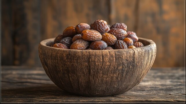 Dates in a Rustic Wooden Bowl: A Still Life Photography