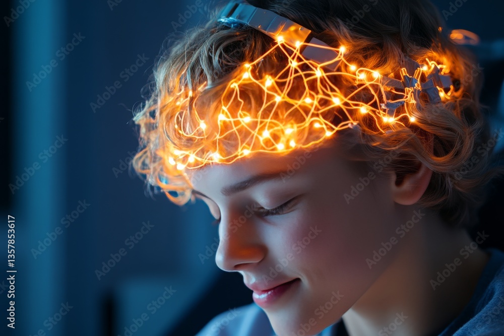 Poster boy with glowing neural crown around head in dark room symbolizing artificial intelligence brain pow