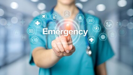 Doctor touching hologram screen text emergency