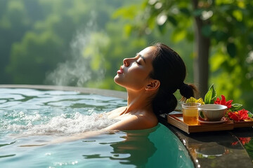 Fototapeta premium The image shows a woman relaxing in a hot tub with a cup of tea and flowers on a tray beside her. The background is slightly blurred