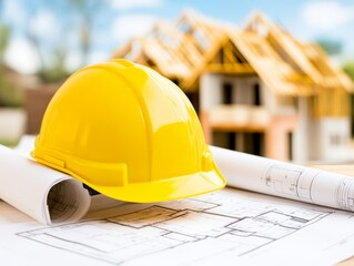 Yellow helmet placed in foreground with wooden miniature house and blueprint in background symbolizing construction safety architectural planning and real estate development in vector wallpaper
