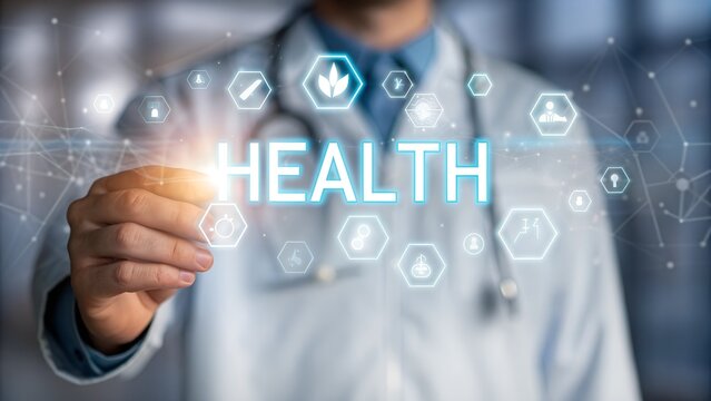 Medicine doctor holding hologram helth text in hand, AI generated