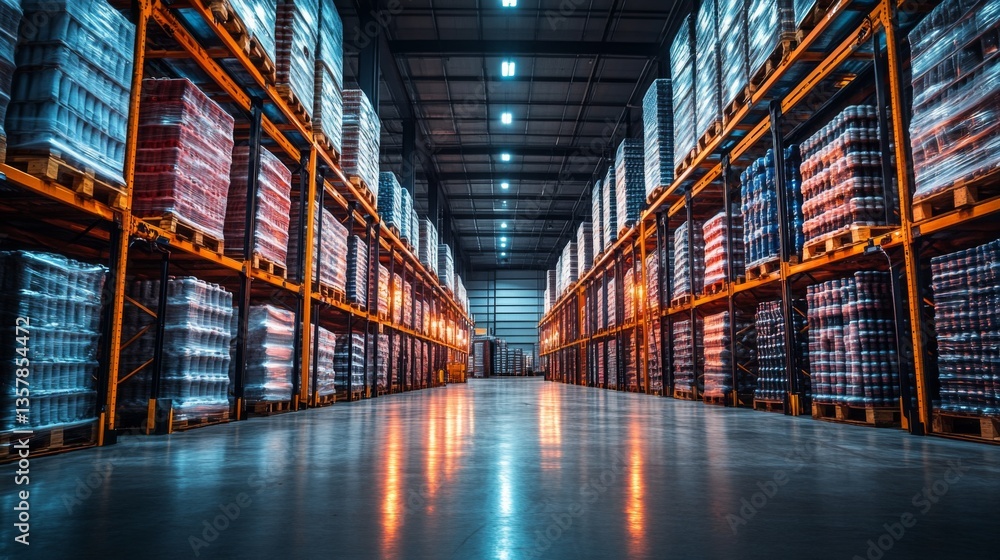 Aufkleber Brightly lit warehouse features neatly arranged shelves filled with stocked freight, emphasizing efficient logistics and distribution practices for inventory management.