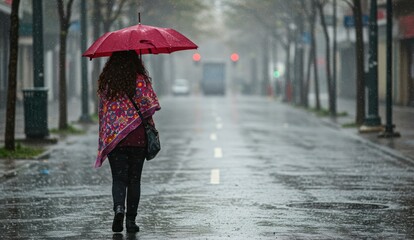 Woman with umbrella walking on a rainy city street,