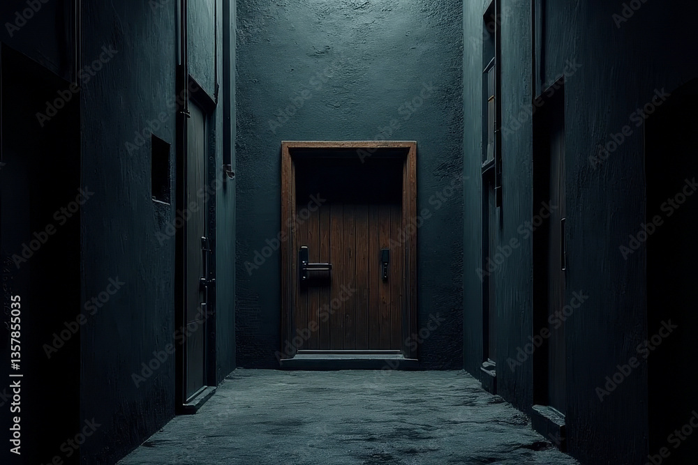 Poster the image shows an empty hallway with a wooden door in the middle of it. the walls on either side of