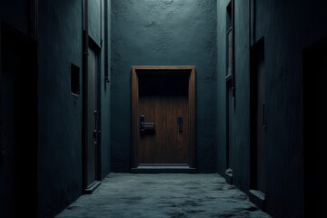 The image shows an empty hallway with a wooden door in the middle of it. The walls on either side of the door are visible
