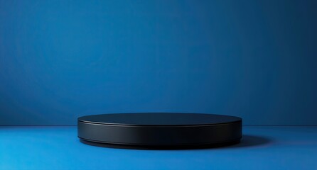 Empty black circular podium against a vibrant blue backdrop