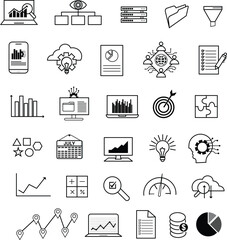Data analytics icon set. Big data analysis technology symbol. Containing graph, database, statistics, analytics, server, monitoring, computing and network icons.