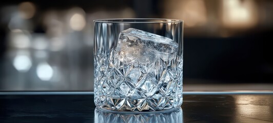 A clear cocktail in a crystal glass with a single ice cube