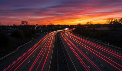 Highway traffic with light trails against a vivid sunset sky,