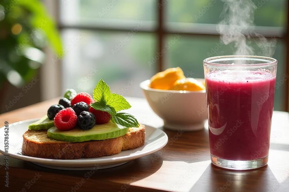 Poster the image shows a table with a plate of toast topped with berries and avocado