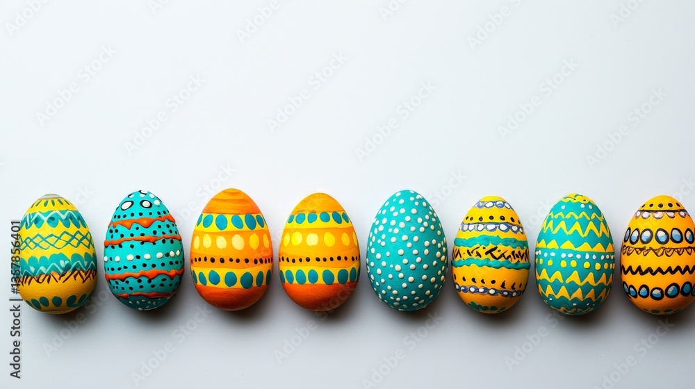 Poster vibrant traditional patterned easter eggs in a row on white surface under soft lighting representing