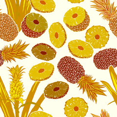 Pineapple seamless pattern with tropical leaves and fruit 