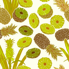 Pineapple seamless pattern with tropical leaves and fruit 