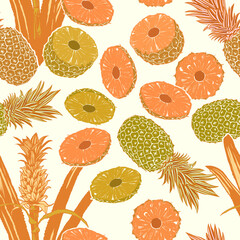 Pineapple seamless pattern with tropical leaves and fruit 