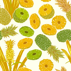 Pineapple seamless pattern with tropical leaves and fruit 