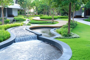 Obraz premium Serene Modern Waterfall Garden Landscape Design