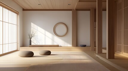 Serene Minimalist Japanese Room Interior Design Tranquil Space with Wooden Floors and Natural Light