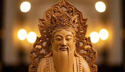 Wooden statue of a serene, bearded deity, Carved with intricate detail,