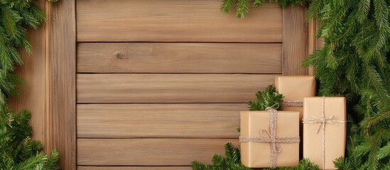 Wooden Background With Christmas Gifts And Pine Branches