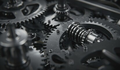 Close-up of interlocked gears and cogs in a metal mechanism,