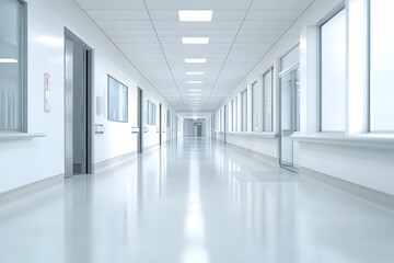 Obraz premium Clean and brightly lit empty hospital corridor featuring a shiny blue floor and white walls, leading towards a distant door in a sterile and quiet environment