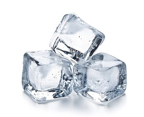 Fototapeta premium Three clear ice cubes stacked on white, slightly melting, perfect for summer drinks, cooling beverages, isolated on white background