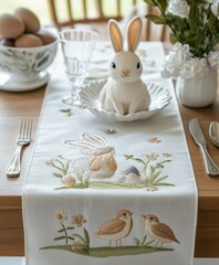A festive table adorned with a colorful table runner, featuring a charming rabbit and decorative eggs, perfect for spring celebrations.