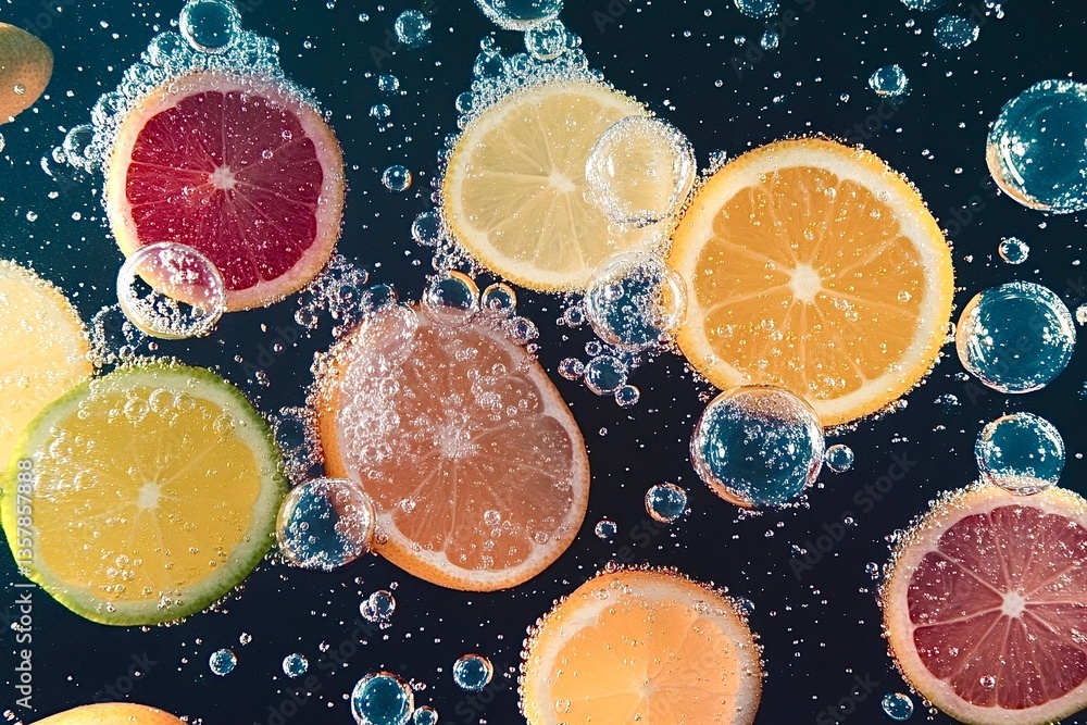 Aufkleber slices of citrus fruits floating in sparkling water with bubbles