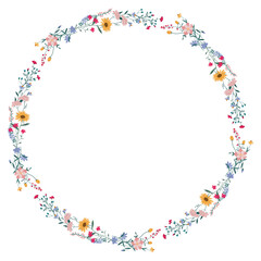 A round flower frame, a wreath. Flower design template. Romantic banner of the celebration of a delicate wedding holiday. The plant is a decorative botanical border. Vegetation decor. Vector
