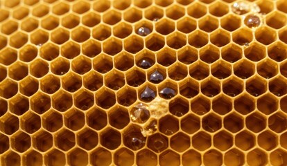 A close-up shot of a golden honeycomb filled with honey,