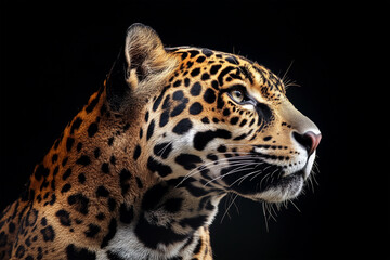 Obraz premium Leopard close-up portrait on black background, wild cat, exotic animal, fierce predator, wildlife photography