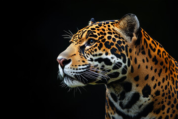 Obraz premium Leopard close-up portrait on black background, wild cat, exotic animal, fierce predator, wildlife photography