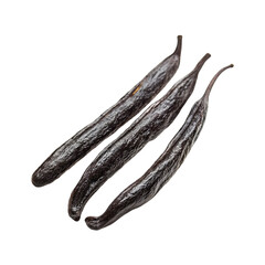 Dark pods of carob beans three elegant dark brown carob pods on black background natural sweetness