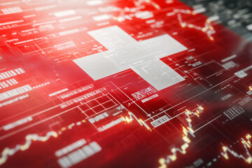 Financial graph with Swiss flag overlay, economy trends, stock market analysis, Swiss finance, economic growth visualization