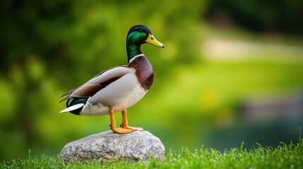 Obraz premium Mallard, stone, green grass. Generative AI