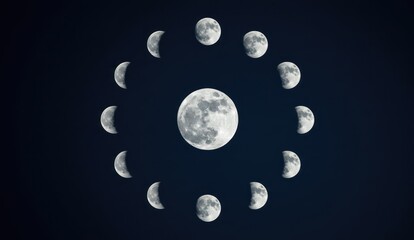 Image shows the different phases of the moon around a full moon,