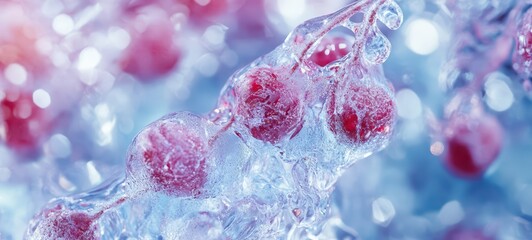 A close-up of ice with frozen berries inside