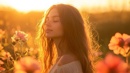 Naklejka premium Beautiful young woman with long hair in a blooming garden at sunset