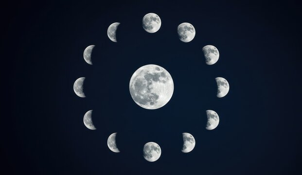 Image shows the different phases of the moon around a full moon,