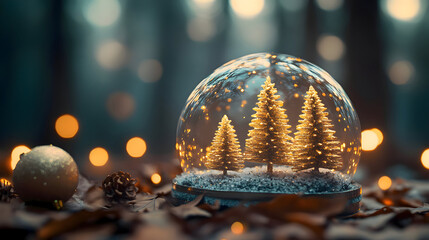 Fototapeta premium Snow globe miniature golden Christmas trees twinkling
