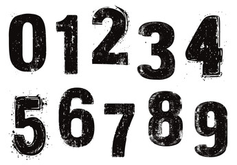 Stamp style grunge numbers. Black number stamps, paint brush drawing design. Isolated decorative prints typography numeral stickers vector set