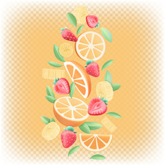 Orange strawberry banana mix. Vector 3d cartoon illustration of fruit salad, smoothie, yogurt, dessert.