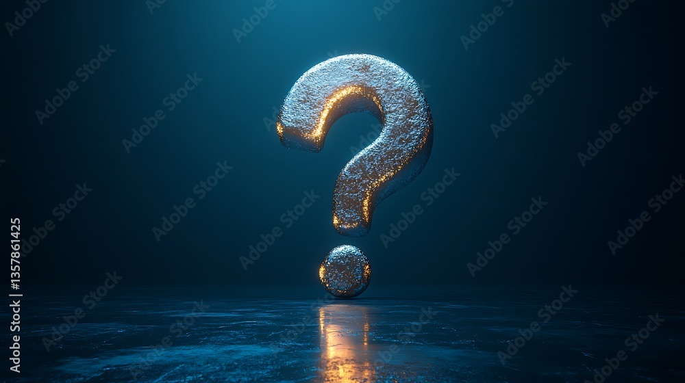 Poster mysterious shimmering question mark with a textured surface casting reflection in a dark conceptual 
