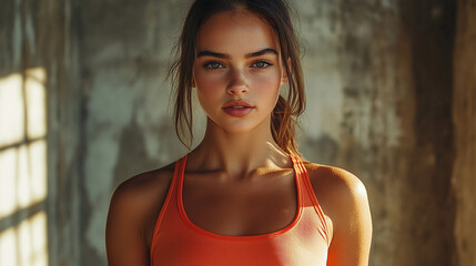 Naklejka premium Young woman posing in bright workout attire in studio